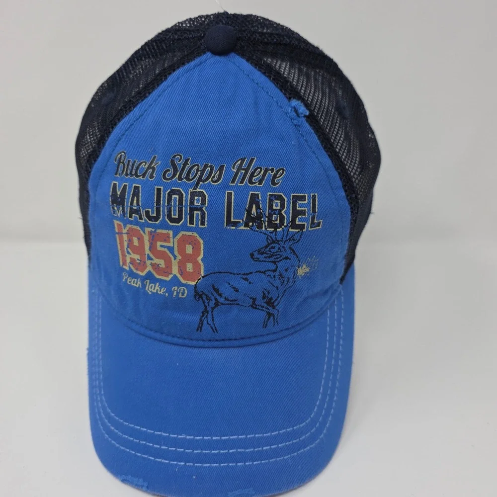 Major Label Trucker Hat OSFM Buck Stops Here Peak Lake Idaho Mesh Snapback Blue